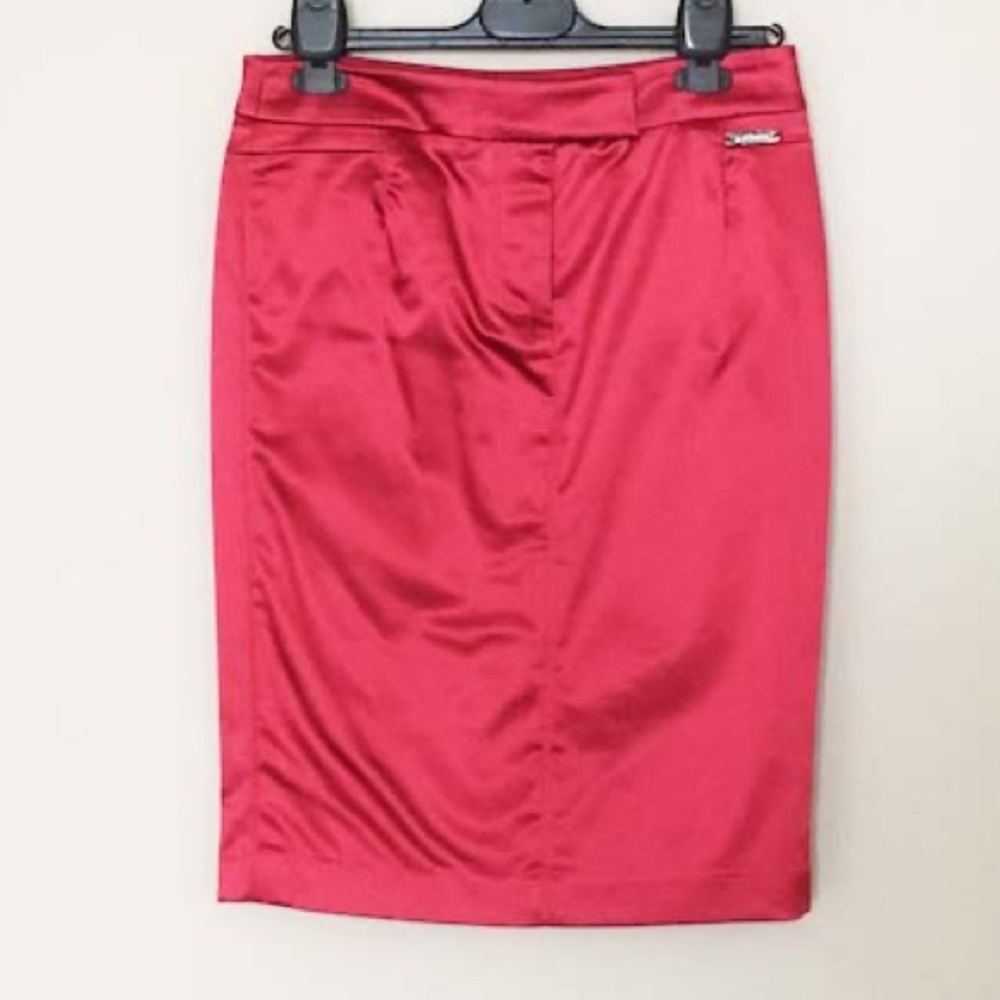 GALLIANO Red Midi Satin Pencil Skirt